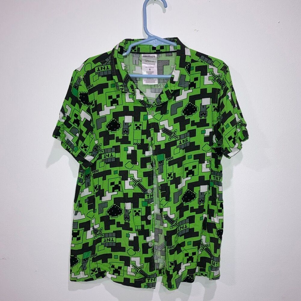 Minecraft Creeper Button-Up Shirt Boys Size 8 Green Pixel Print